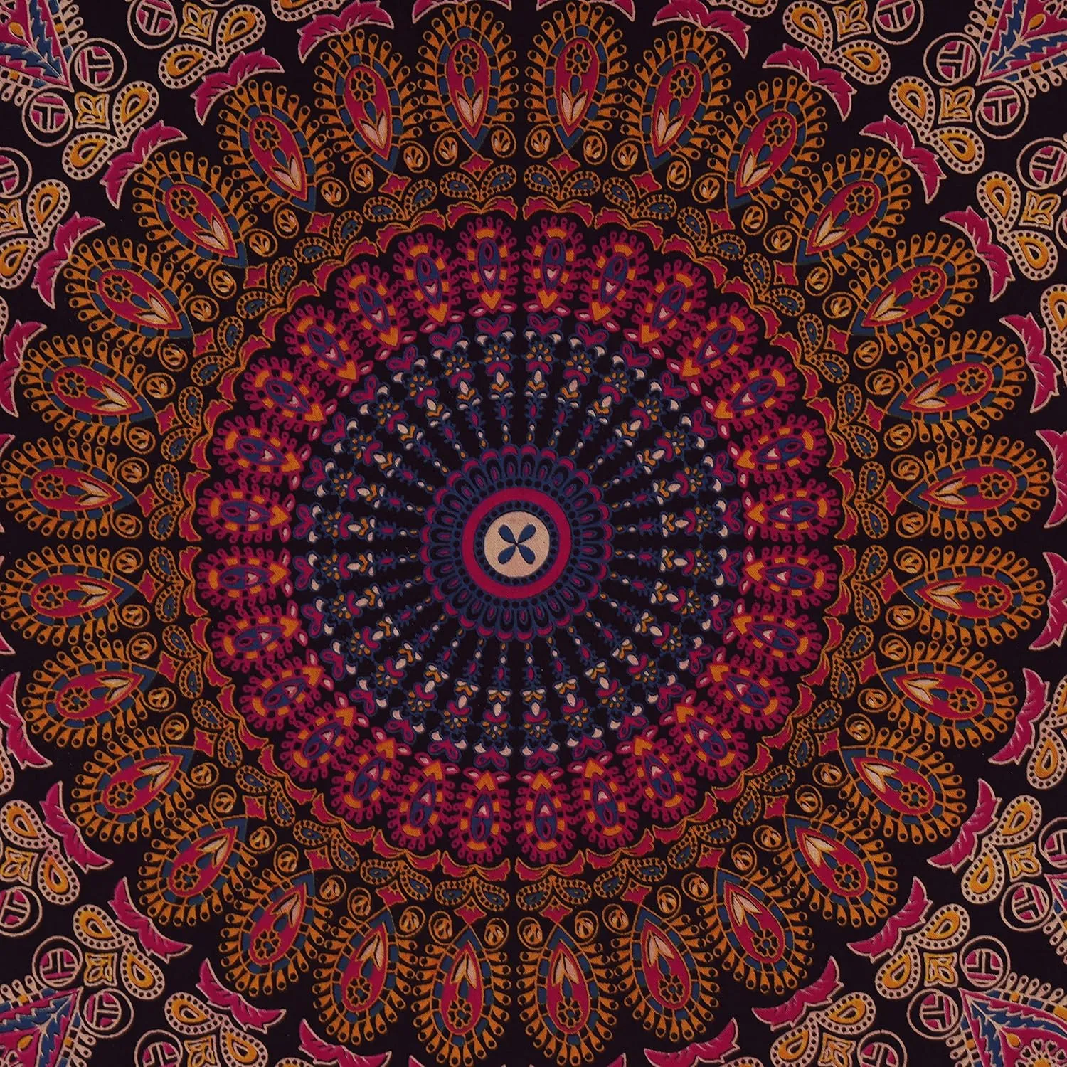 Hippie Bohemian Psychedelic Peacock Mandala Wall Hanging Bedding Tapestry (Golden Pink Blue)