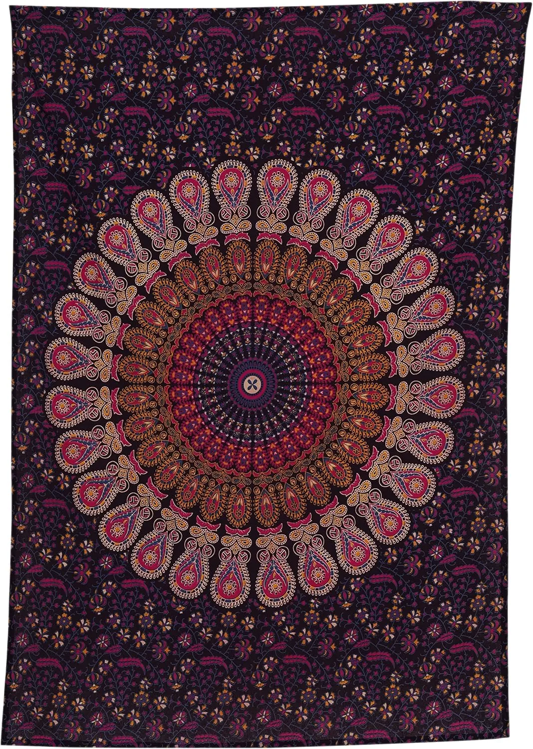 Hippie Bohemian Psychedelic Peacock Mandala Wall Hanging Bedding Tapestry (Golden Pink Blue)