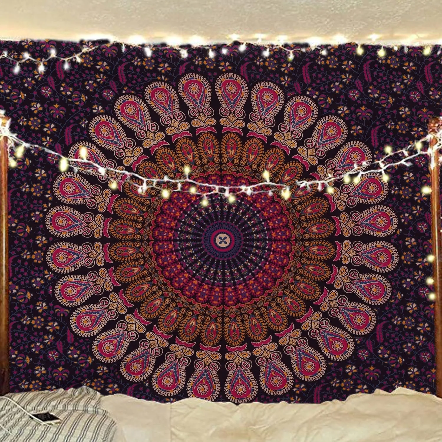 Hippie Bohemian Psychedelic Peacock Mandala Wall Hanging Bedding Tapestry (Golden Pink Blue)