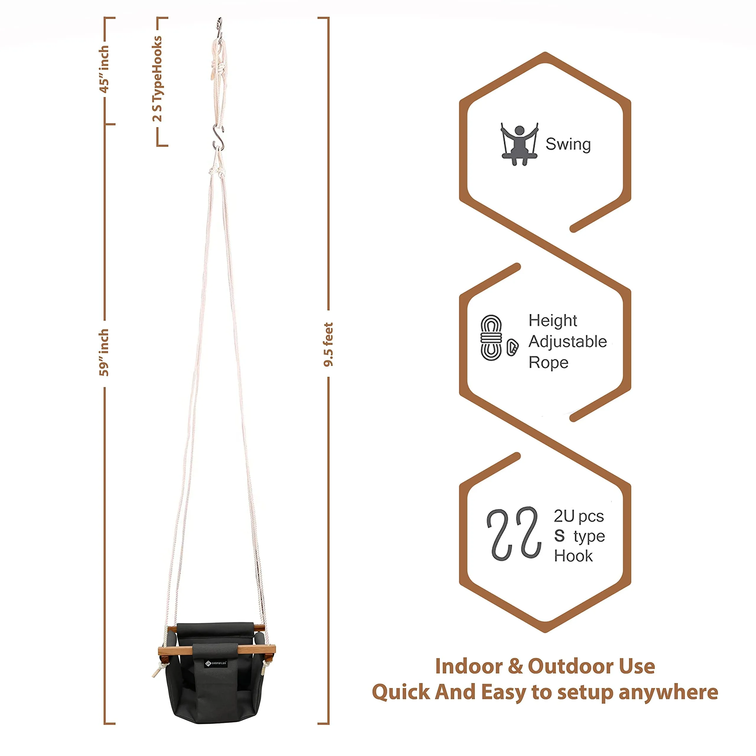 Shopoflux Swing For Kids | Baby Swing Hanging Indoor Outdoor | Kids Swing | Jhula For Baby | Baby Garden Swing | Jhula For Kids (6 Months To 3 Years, Up To 25 Kg, Grey) - Polyester, 24 Cm