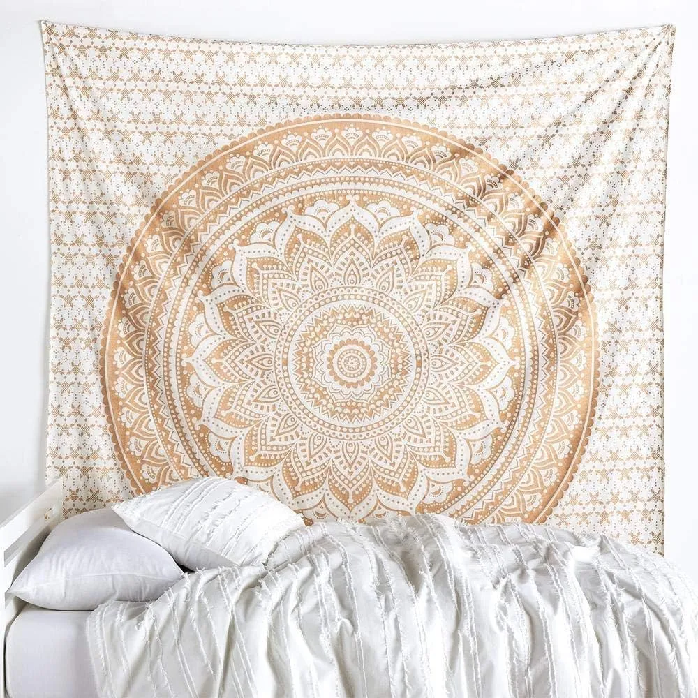 Traditional Mandala Hippie Wall Hanging, Cotton Ombre Tapestry (Golden Flower)