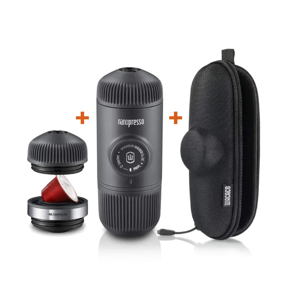WACACO BUNDLE - Nanopresso Portable Espresso Machine Black   NS Adapter (Manually Powered)   Nanopresso Case - Large