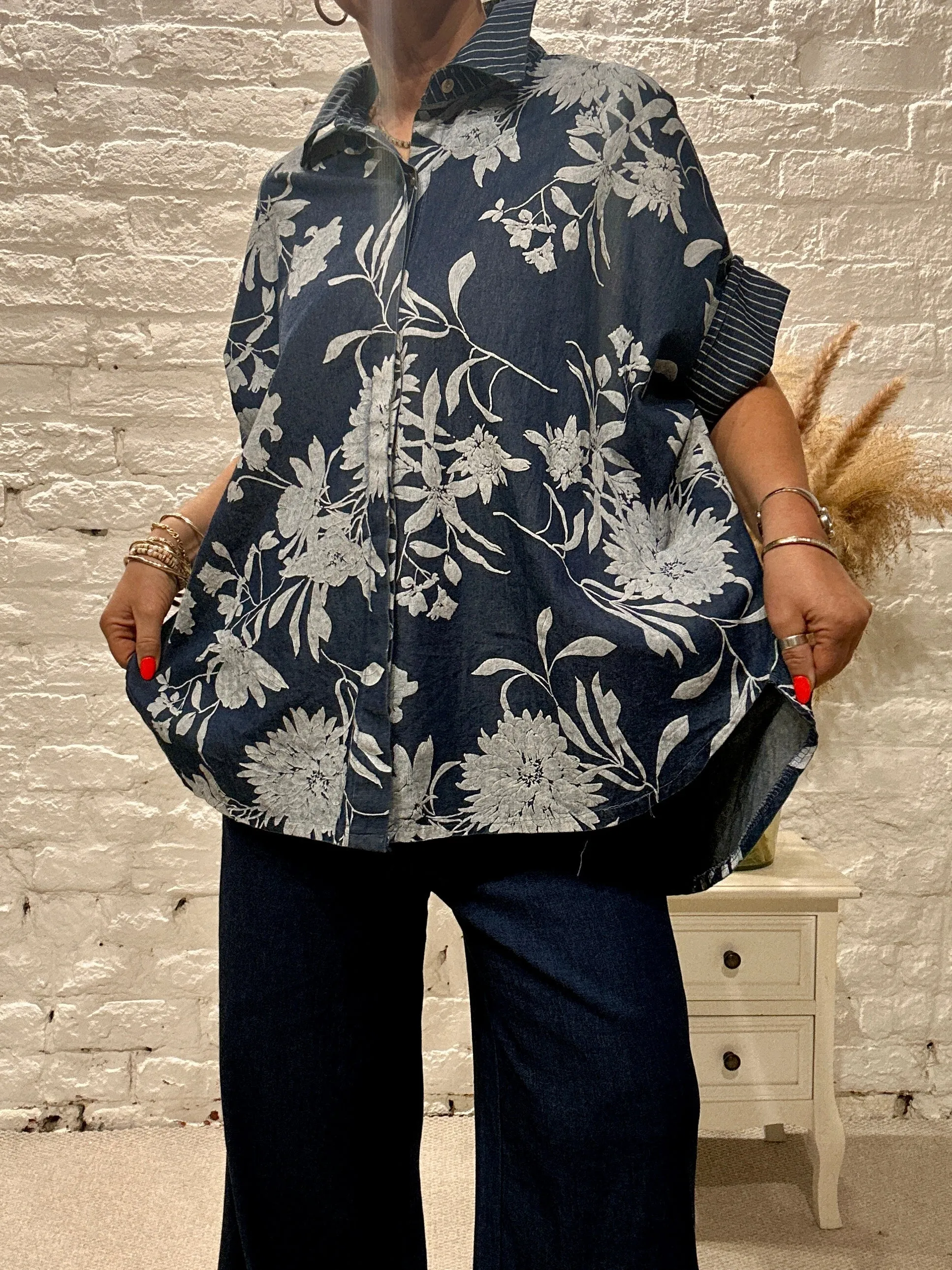 Zeta Otto Dark Denim Chalk Flower Button Through Shirt With Short Sleeves