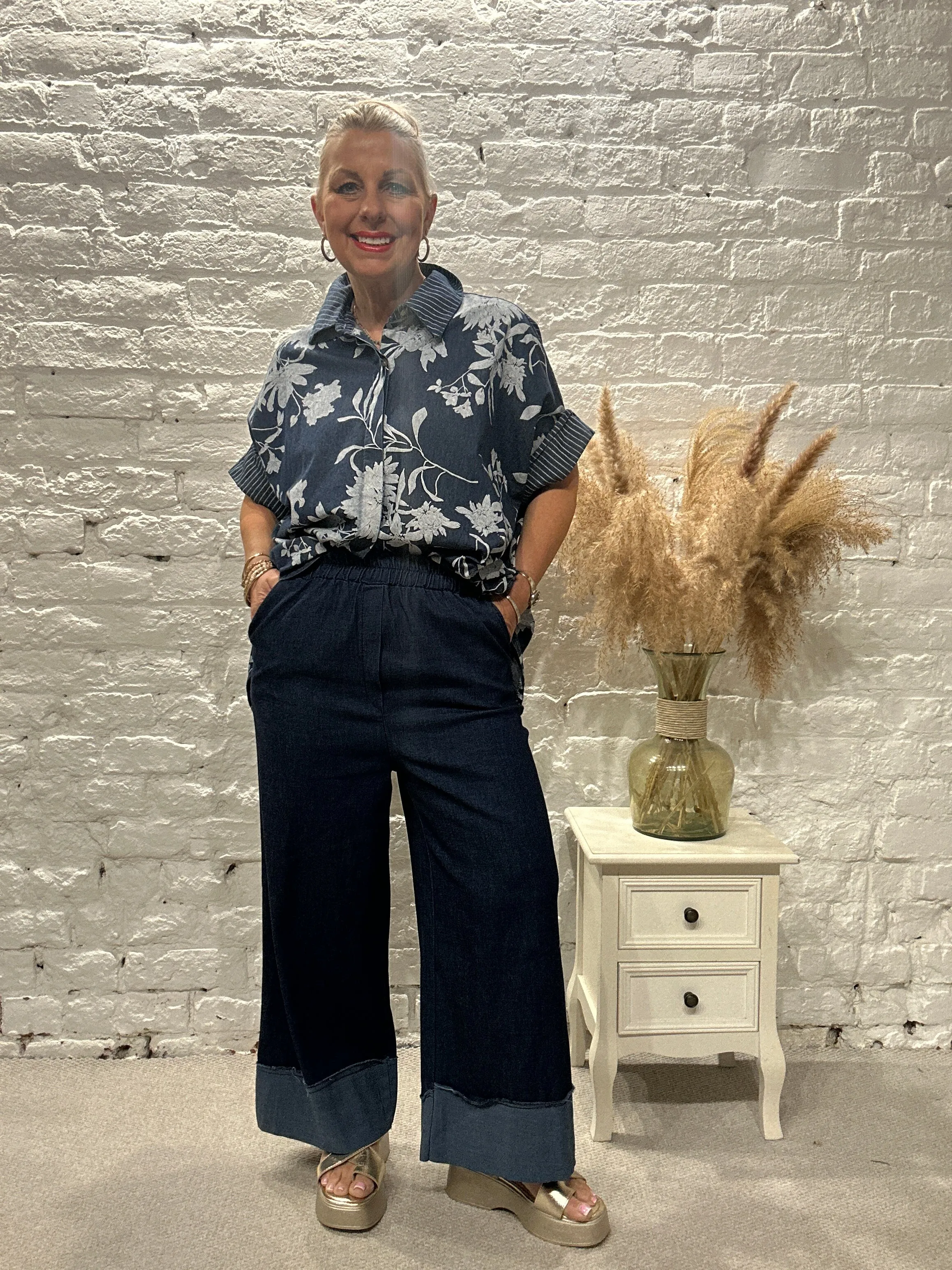 Zeta Otto Dark Denim Chalk Flower Button Through Shirt With Short Sleeves
