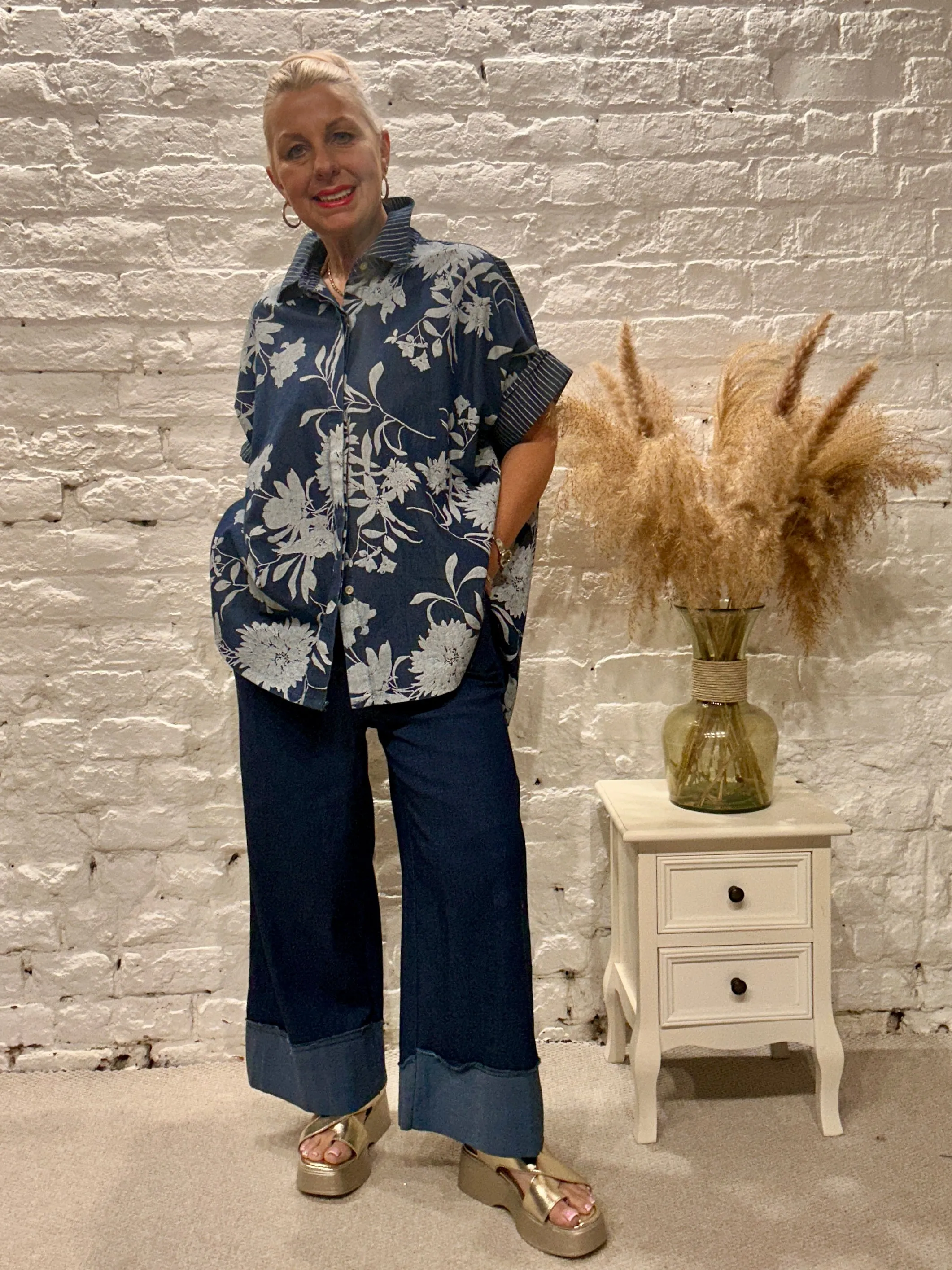 Zeta Otto Dark Denim Chalk Flower Button Through Shirt With Short Sleeves