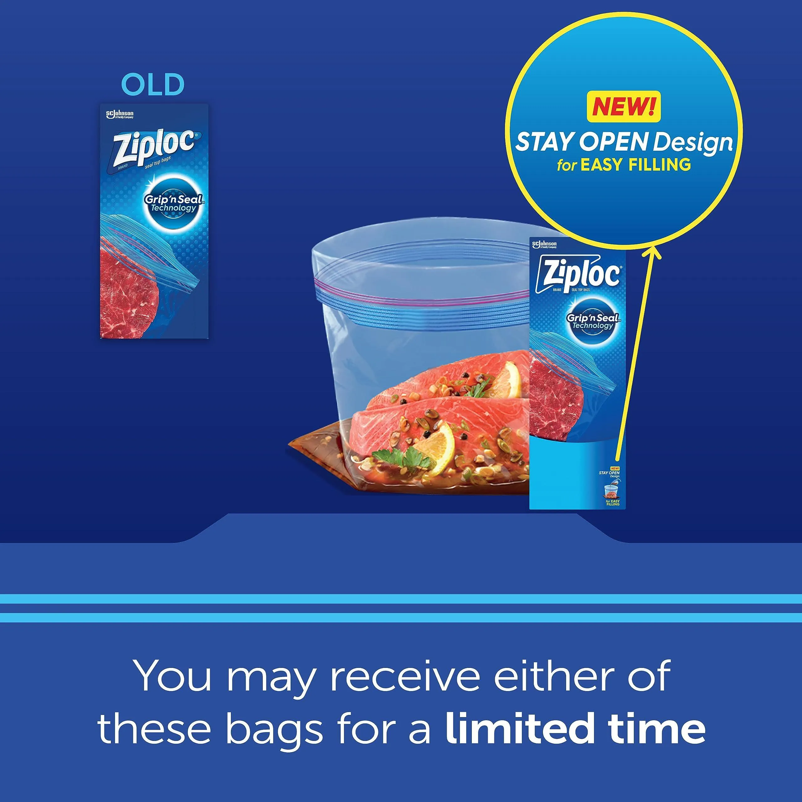Ziploc Large Food Storage Freezer Bags, Grip 'n Seal Technology for Easier Grip, 60 Count.